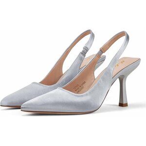 Women Silver Satin Pointed Closed Toe Slingback Mid Heels Stiletto Trendy Pumps